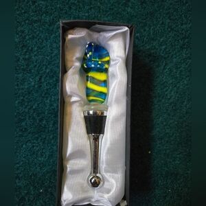 Blue & Green Flip Flop Sandal Glass Blown Metal Wine Bottle Stopper, New In Box